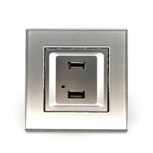 Розетка ZION USB 2-ая 2100 мА (для подзарядки) серая (стекло) Розетки и выключатели в Алматы